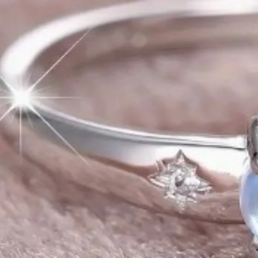 Silver-plated S925 Moonstone Ring with Star and Moon Women size 7